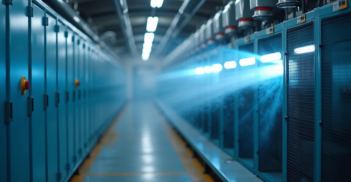 Fotografía de un chiller industrial en funcionamiento con líneas de inyección de químico visibles, sin texto sobre la imagen