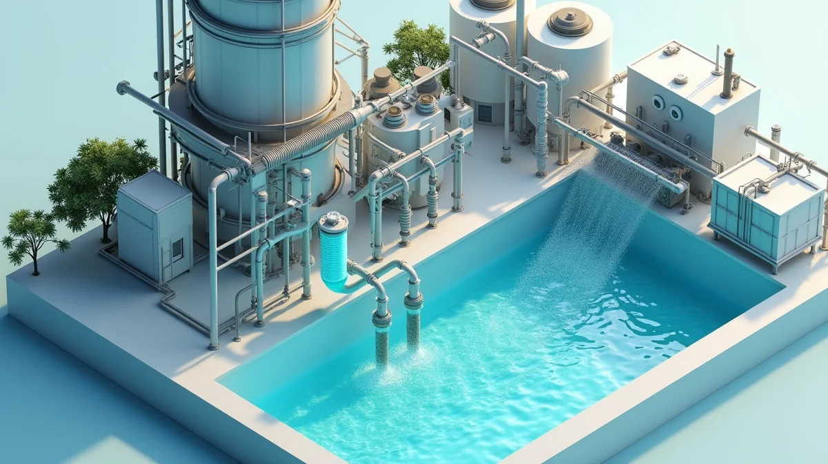 Imagen ilustrativa sobre Imagen de proceso que muestra taninos en forma de solución vertiéndose en un sistema de recirculación de agua, sin texto superpuesto. para el artículo Casos de éxito química verde en tratamiento de agua industrial - 3 plantas mexicanas ahorran