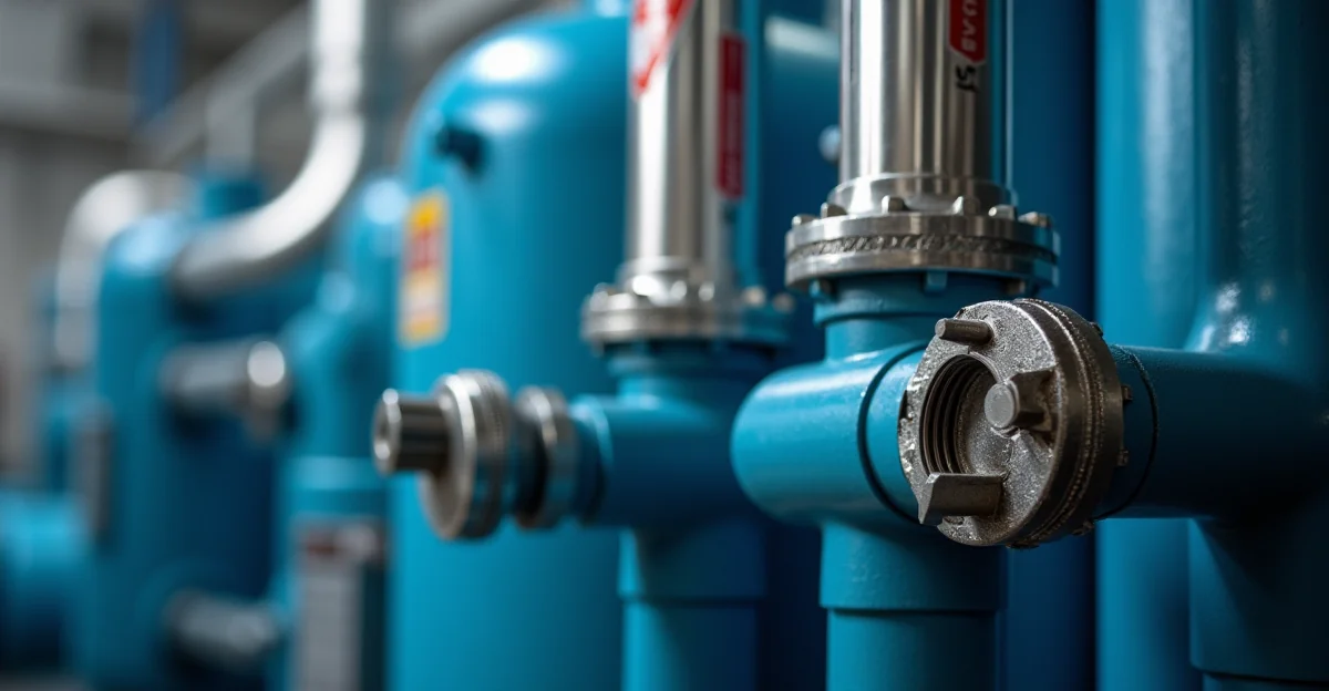 Fotografía de alta resolución de un chiller industrial en funcionamiento, mostrando el intercambiador de calor y tuberías
