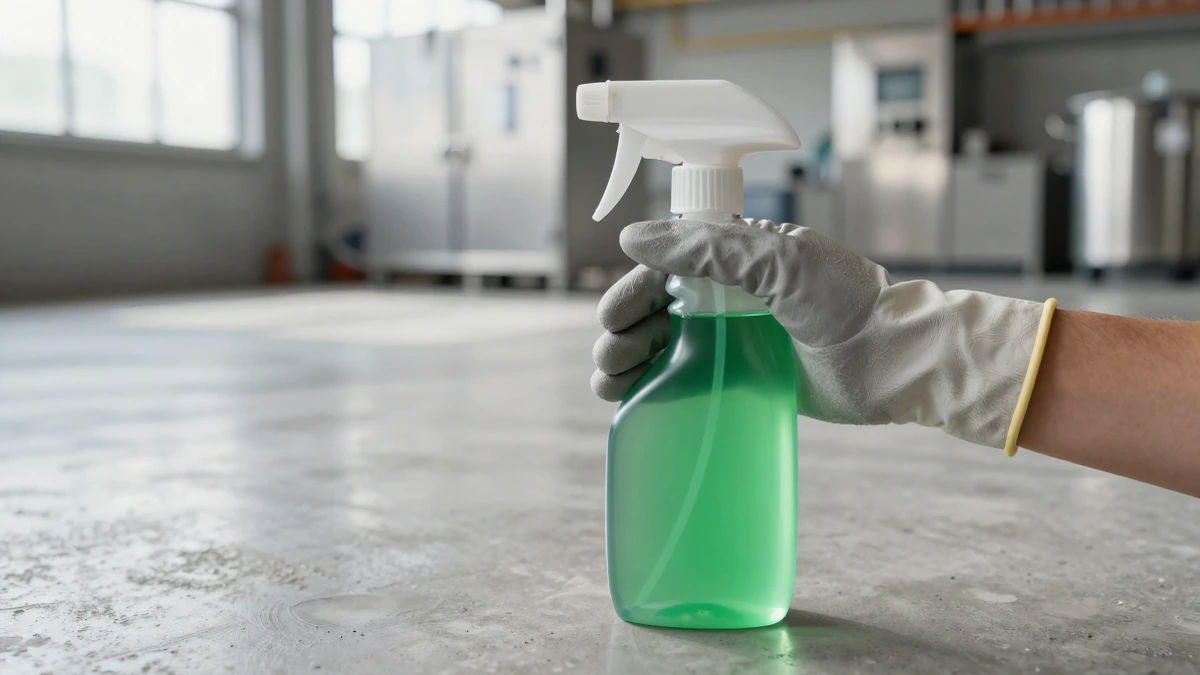 Mano enguantada sosteniendo un atomizador con líquido verde frente a una moderna instalación industrial de concreto