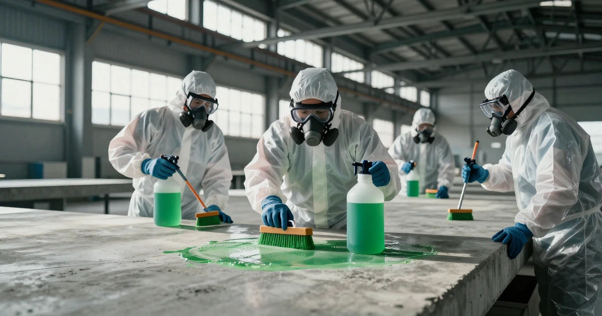 Personal con equipo de protección aplicando desincrustante verde sobre una superficie de concreto en una nave industrial