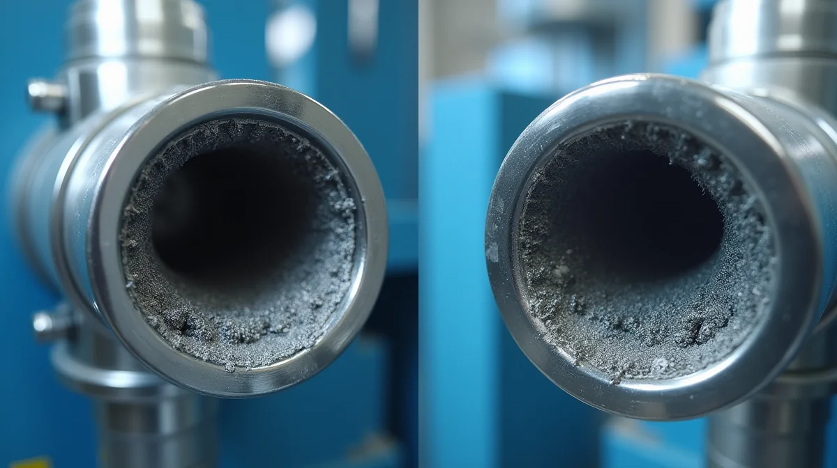 Detalle de una tubería de sistema de refrigeración industrial antes y después de la aplicación de un desincrustante