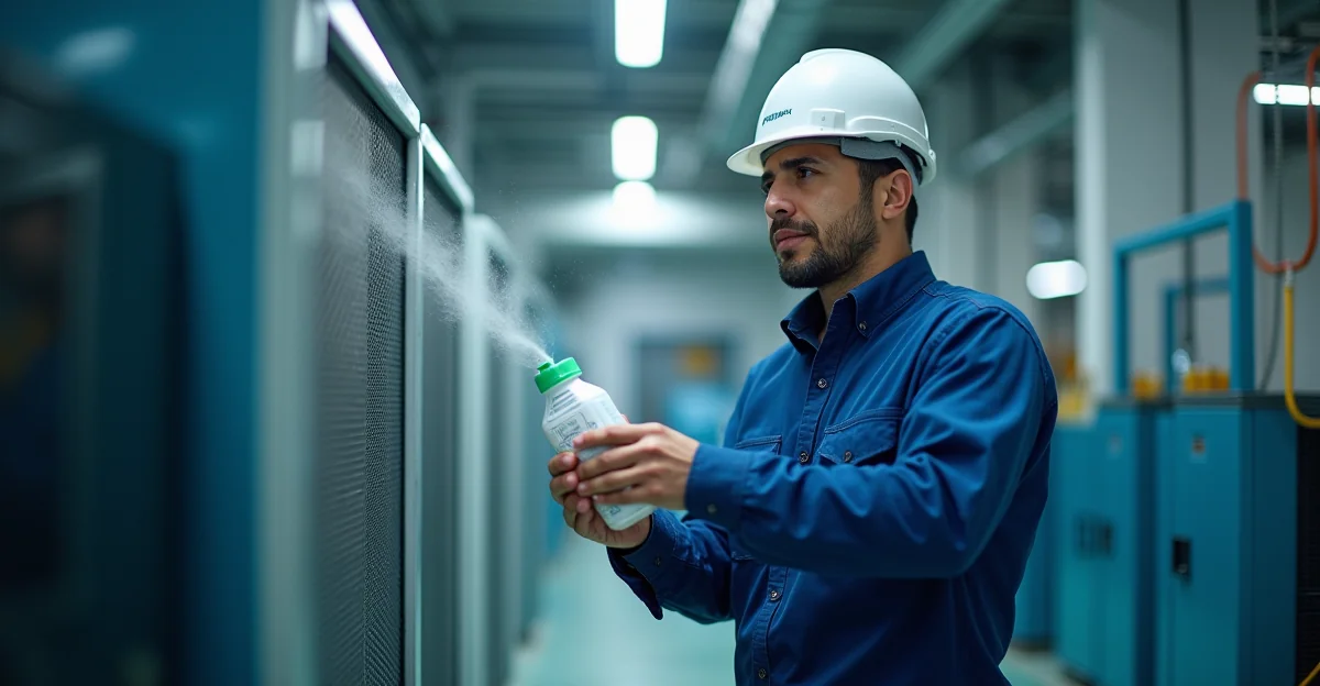 Técnico aplicando desincrustante ecológico en un sistema de refrigeración industrial (chiller o torre de enfriamiento) en una