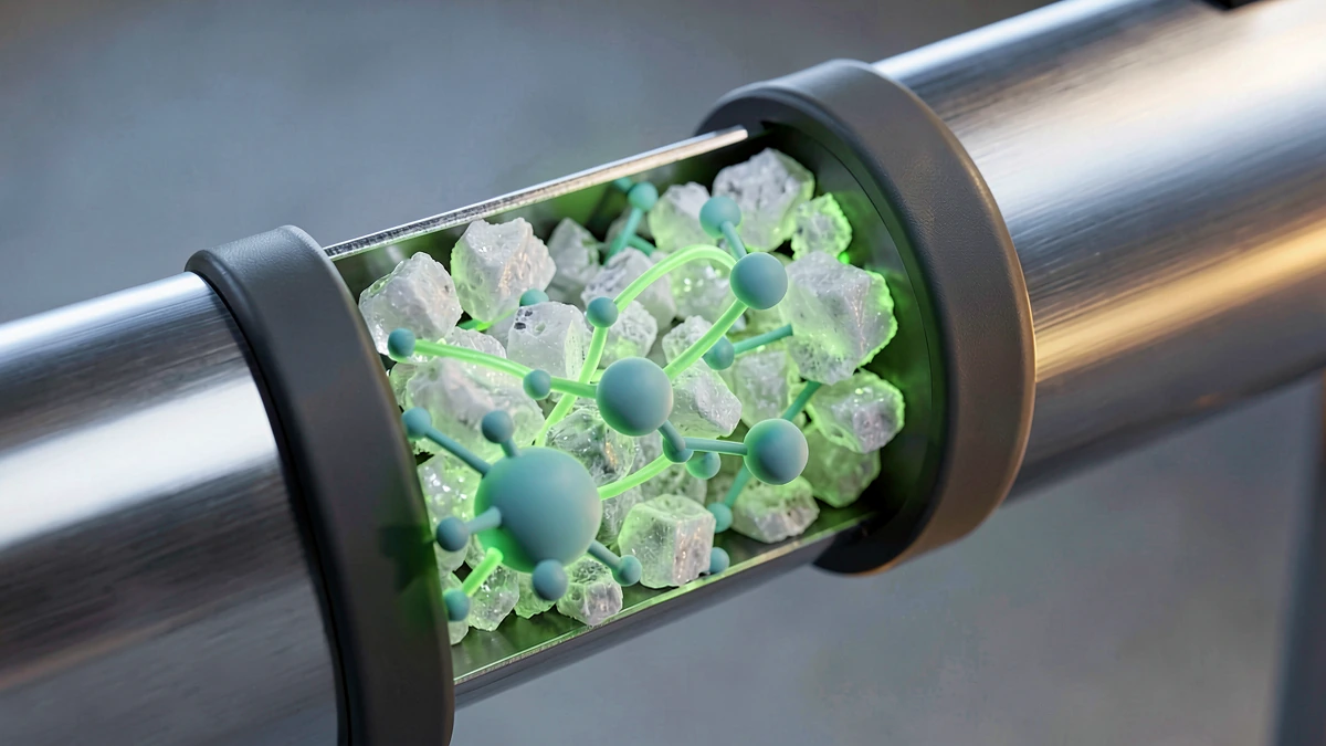 Ácidos cítrico y glucónico verdes brillantes disuelven selectivamente depósitos minerales blancos translúcidos en un tubo de