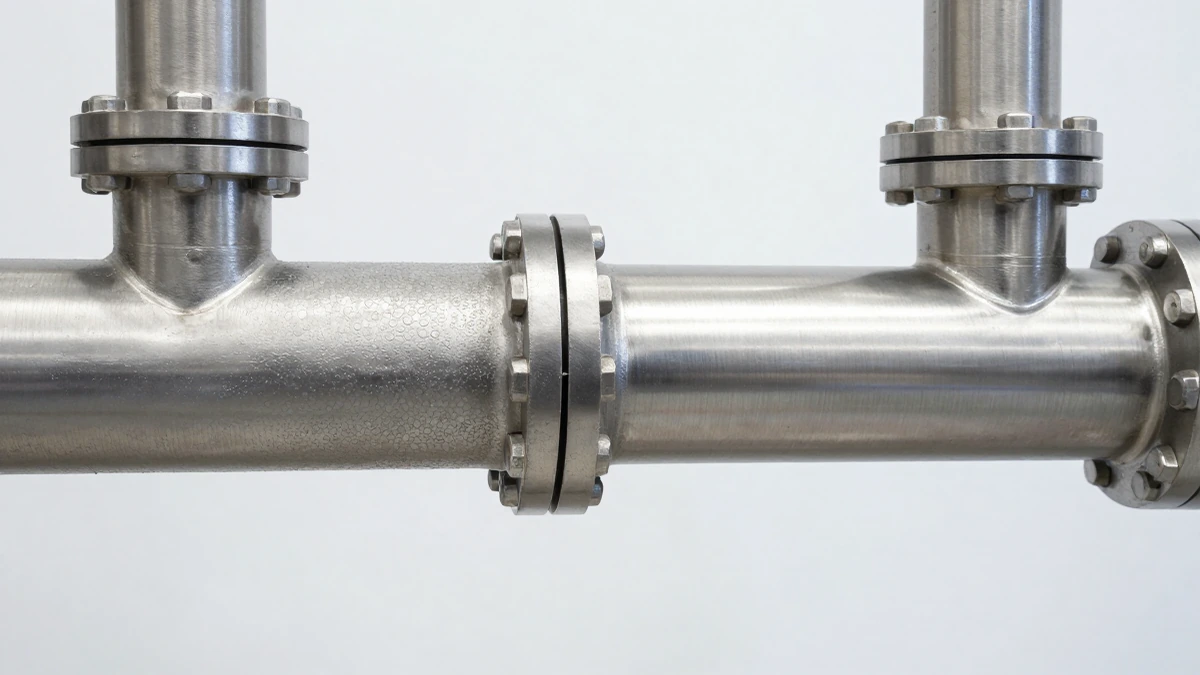 Primer plano de tuberías industriales de acero inoxidable, mostrando el contraste entre una sección incrustada y otra limpia
