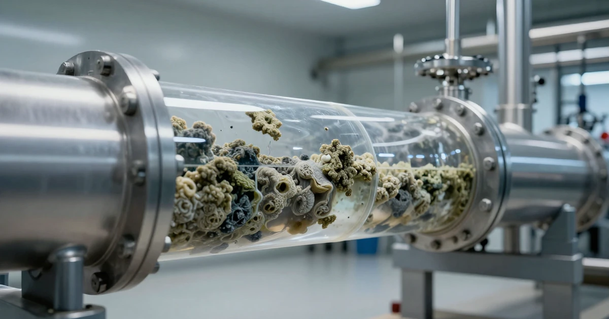 Tubería industrial con sección transparente que muestra depósitos de sarro y biopelícula bacteriana en una planta química