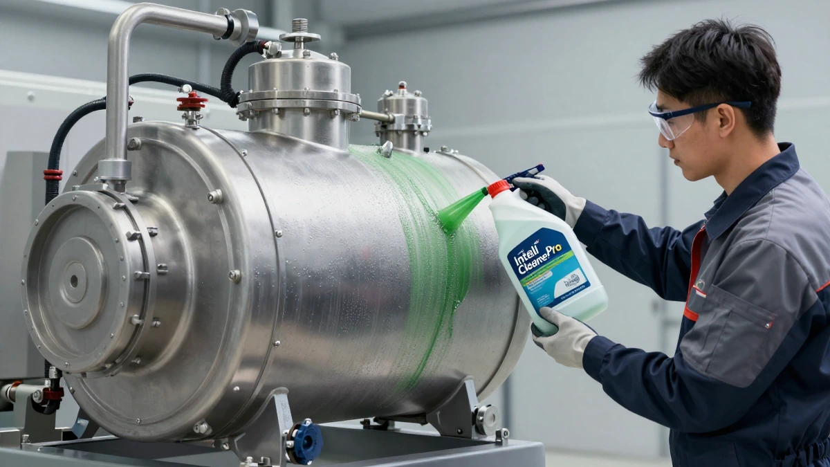 Un técnico aplica un producto biodegradable a una unidad de enfriamiento industrial