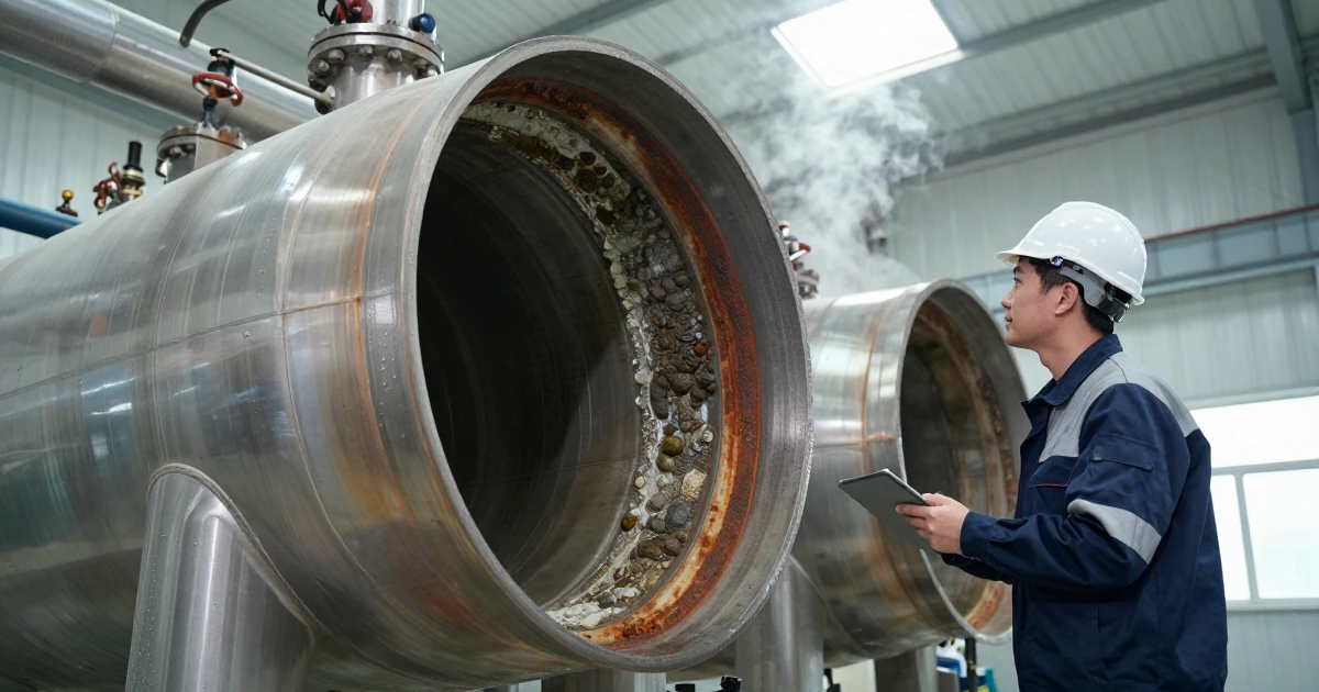 Ingeniero con equipo de seguridad revisa tubería industrial y tanque de enfriamiento con depósitos de sarro visibles en un