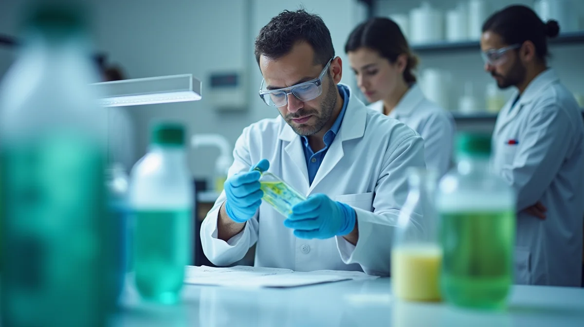 Fotografía de un laboratorio donde se realizan pruebas de biodegradabilidad y toxicidad en desincrustantes ecológicos, con