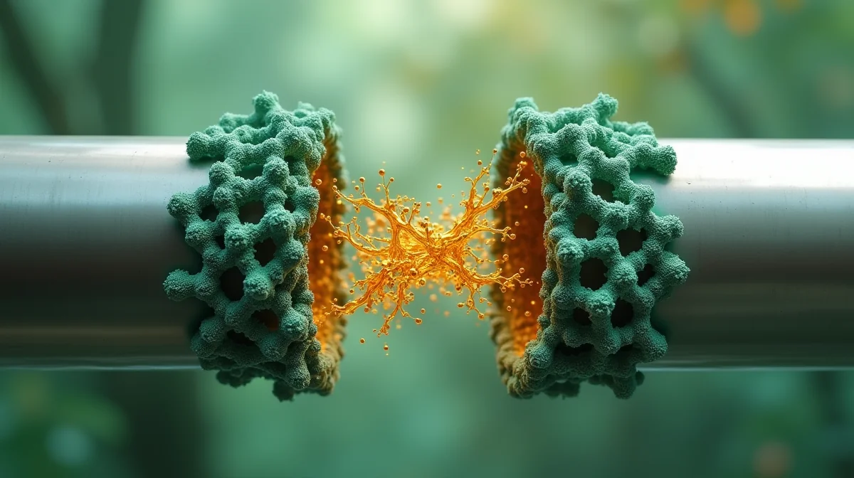 Ilustración técnica que compara la estructura molecular de un tanino vegetal y de un ácido mineral, resaltando la capa